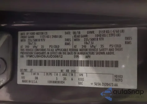 2018 Ford Escape Sel z USA, uszkodzony, nr VIN 1FMCU9HD9JUD30612